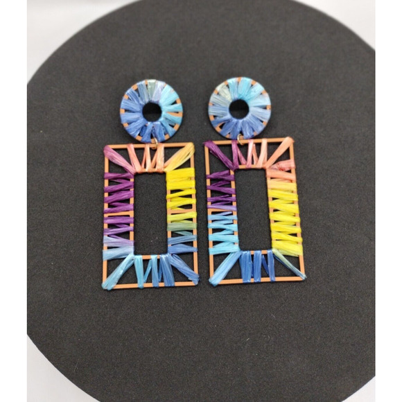 Multicolor Geometric Earrings - Rectangle - Circle - Ribbon Wrapped - Fun Studs - Picture 1 of 4
